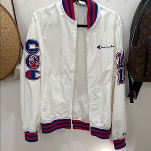 Champion White Bomber Jacket with Red and Blue Accents